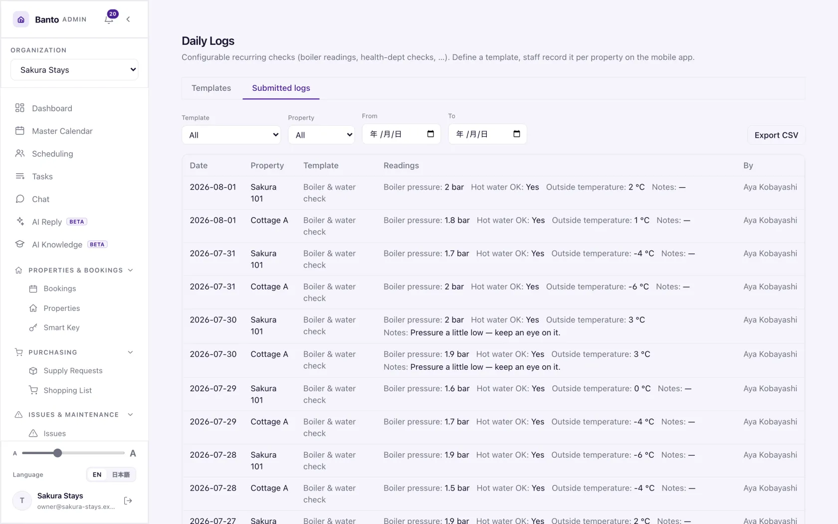 Daily logs — one template, one property, one day at a time.