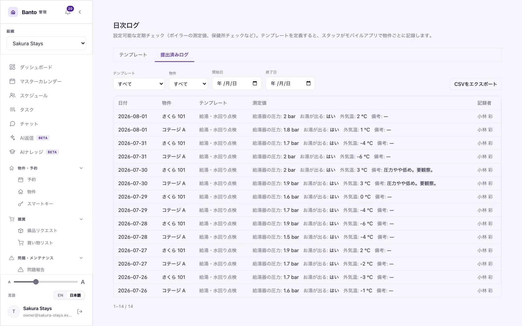 日次ログ。テンプレート・物件・日付ごとに記録します。