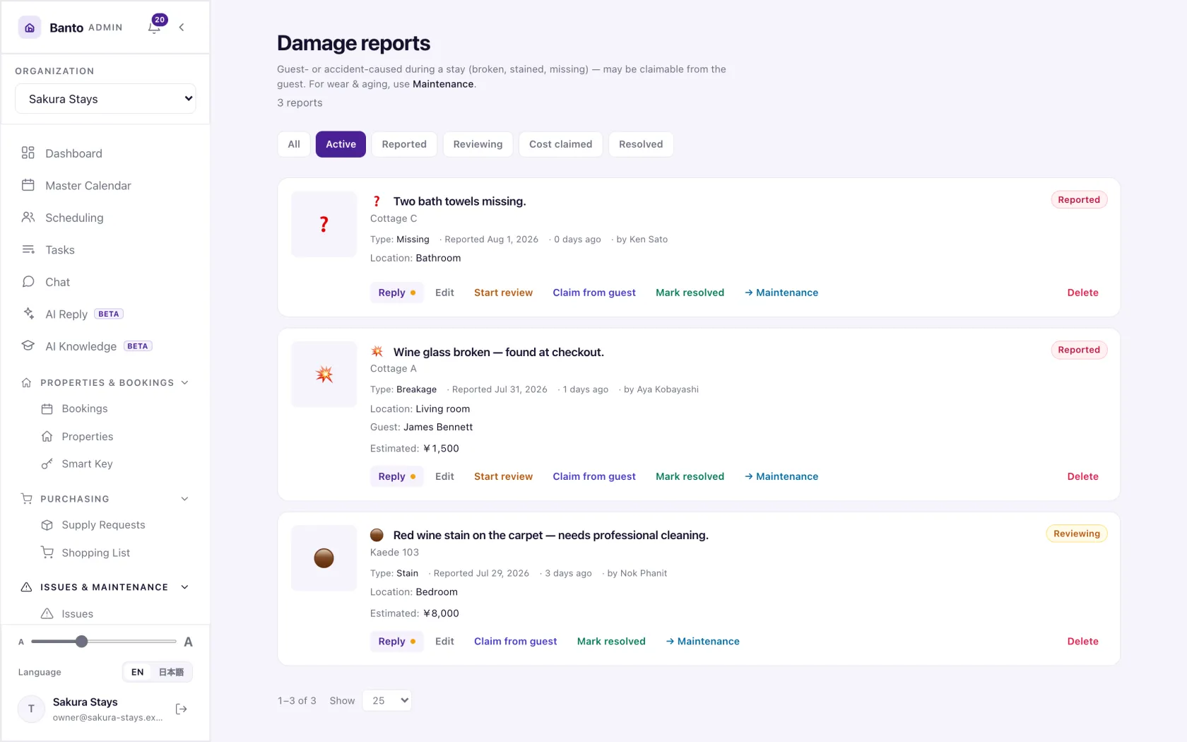 Damage reports carry a cost and the guest they relate to.