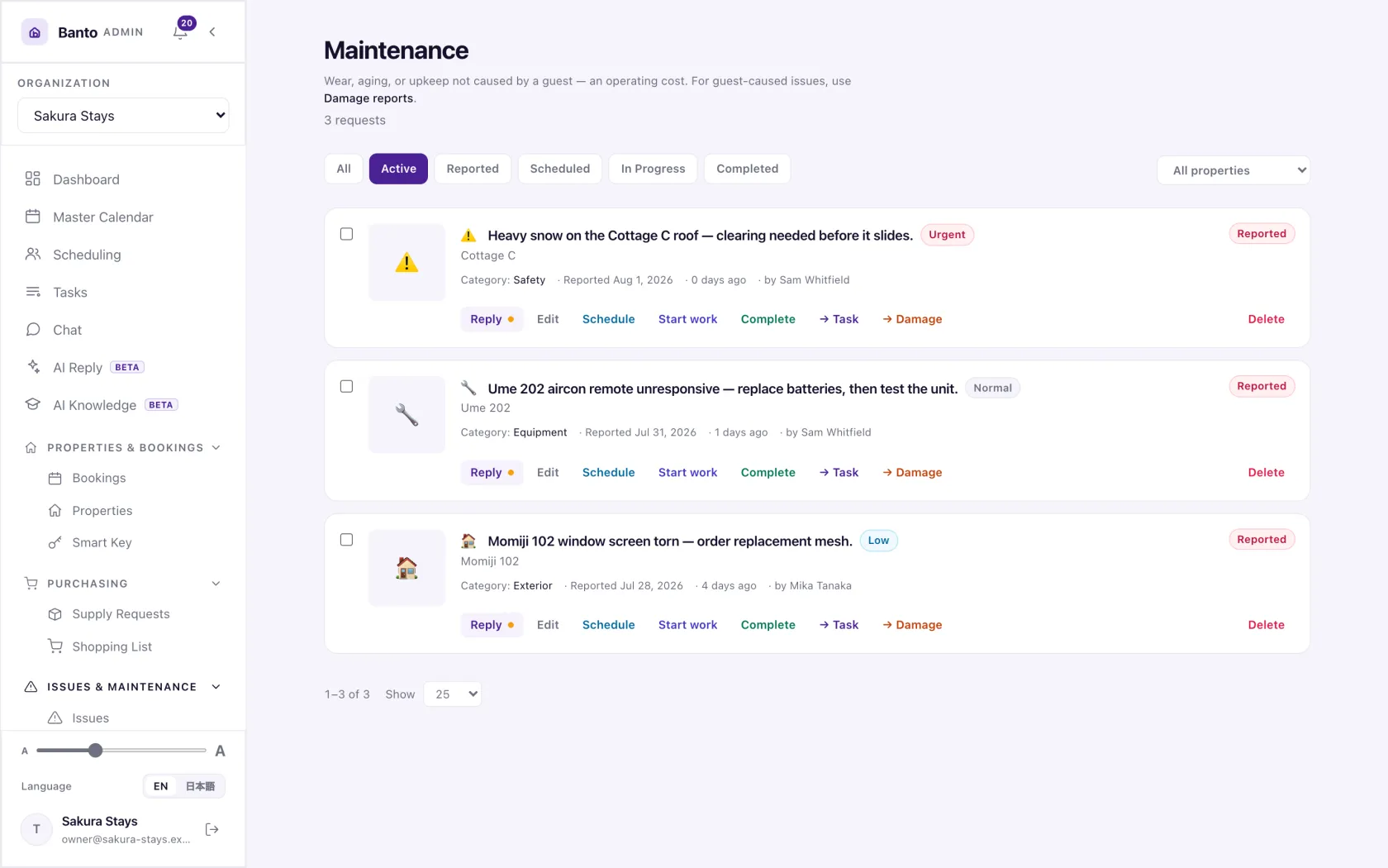 Maintenance requests, prioritised and owned.