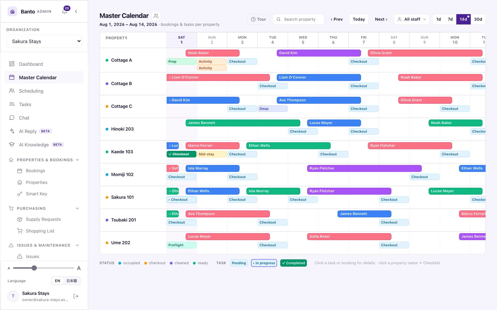 Master calendar — every property, every booking, one screen.