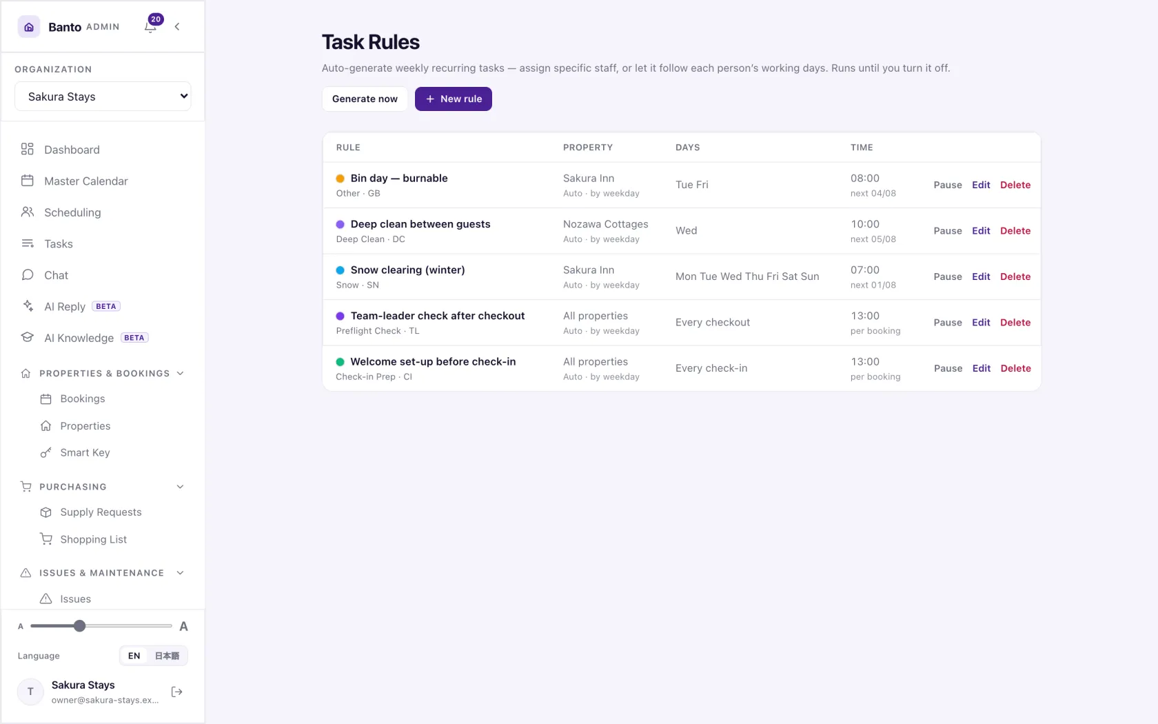 Task rules decide what each booking event produces.